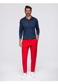Ombre Clothing - Polo koszulka z długim rękawem zapinana na eleganckie, brandowane guziki – granatowa V3. Okazja: na co dzień. Typ kołnierza: polo. Kolor: niebieski. Materiał: nylon, elastan, skóra, dzianina. Długość rękawa: długi rękaw. Długość: długie. Styl: elegancki #7