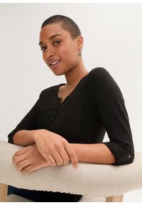 bonprix - Bluzka z plisą guzikową z czystej bawełny organicznej. Typ kołnierza: dekolt w serek. Kolor: czarny. Materiał: bawełna. Długość rękawa: długi rękaw. Długość: długie #3