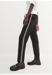 bonprix - Spodnie bez zamka w talii, z ozdobnymi paskami. Kolor: czarny. Wzór: paski