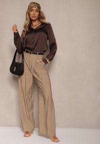 Renee - Beżowe Garniturowe Spodnie High Waist o Szerokim Kroju Efrase. Okazja: na co dzień. Stan: podwyższony. Kolor: beżowy. Styl: casual #5