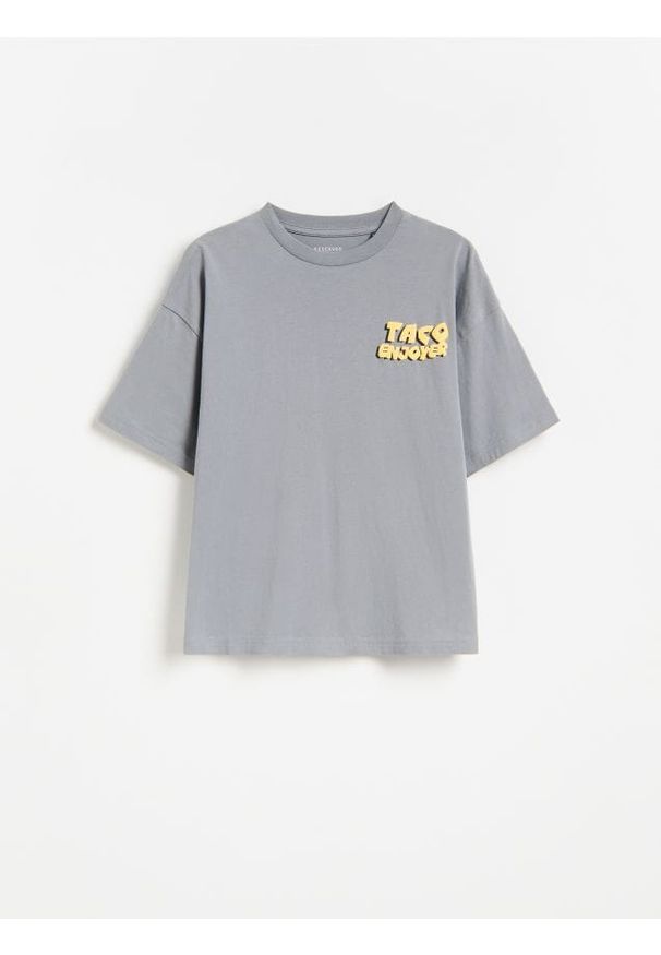 Reserved - Bawełniany t-shirt z nadrukiem - ciemnoszary. Kolor: szary. Materiał: bawełna. Wzór: nadruk