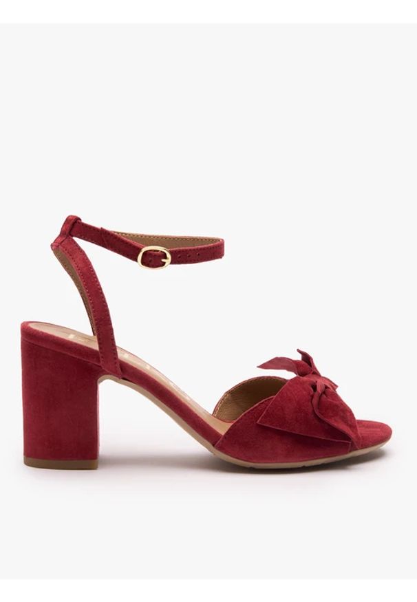 Ryłko - Bordowe sandały z kokardą. Nosek buta: okrągły. Zapięcie: sprzączka. Kolor: czerwony. Materiał: skóra, welur. Sezon: wiosna. Obcas: na obcasie. Styl: street, elegancki. Wysokość obcasa: średni