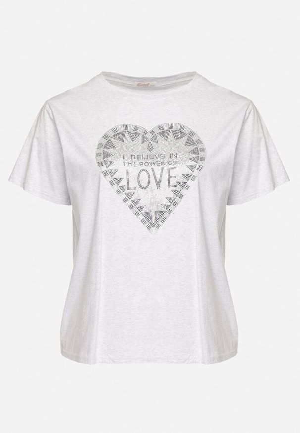 Born2be - Jasnoszary Bawełniany T-shirt z Cyrkoniami Napisem i Sercem Viltebia. Okazja: na co dzień. Kolor: szary. Materiał: bawełna. Wzór: napisy. Styl: klasyczny, casual