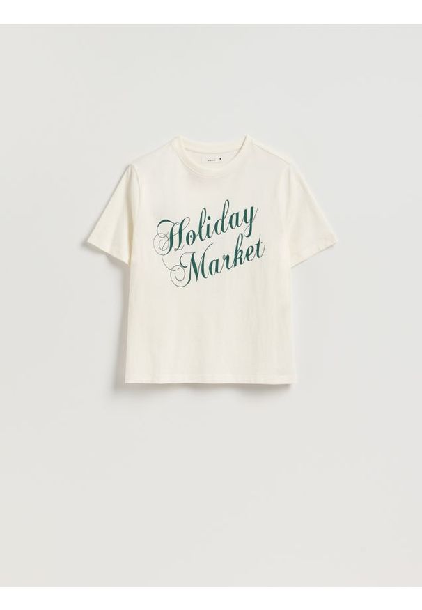 Reserved - T-shirt ze świątecznym motywem - złamana biel. Materiał: dzianina, bawełna. Styl: wizytowy