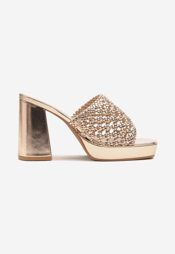Renee - Szampańskie Siateczkowe Klapki na Słupku i Platformie Edithia. Okazja: na co dzień. Kolor: złoty. Materiał: materiał. Obcas: na platformie. Styl: elegancki, casual