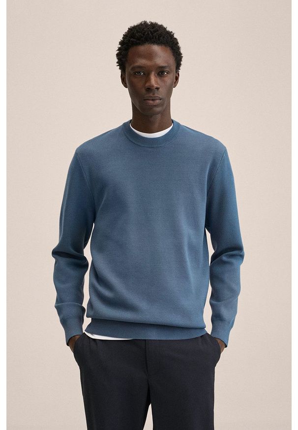 Mango Man sweter Luxus męski lekki. Okazja: na co dzień. Kolor: niebieski. Materiał: włókno. Długość rękawa: długi rękaw. Długość: długie. Styl: casual