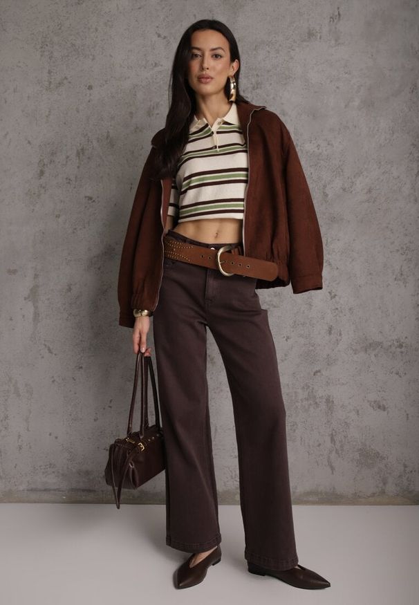 Renee - Zielono-Kremowy T-shirt Polo z Wiskozą w Paski z Guzikami Vevevia. Okazja: na co dzień. Typ kołnierza: polo. Kolor: zielony. Materiał: wiskoza. Wzór: paski. Styl: casual, sportowy