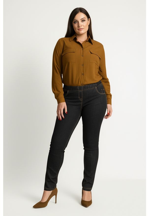 Moda Size Plus Iwanek - Eleganckie grafitowe spodnie Jeangaliny01 o kroju slim fit PLUS SIZE XXL OVERSIZE JESIEŃ. Okazja: do pracy, na co dzień. Kolekcja: plus size. Kolor: szary. Materiał: poliester, tkanina, bawełna, elastan, denim. Sezon: jesień. Styl: elegancki