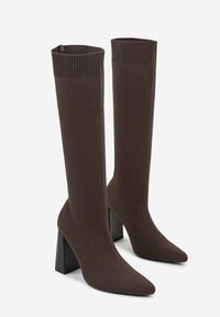 Born2be - Brązowe Skarpetkowe Kozaki VICES na Geometrycznym Słupku z Noskiem w Szpic Zevra. Okazja: do pracy, na spotkanie biznesowe. Zapięcie: bez zapięcia. Kolor: brązowy. Materiał: satyna. Wzór: geometria. Obcas: na słupku. Styl: klasyczny, biznesowy #3