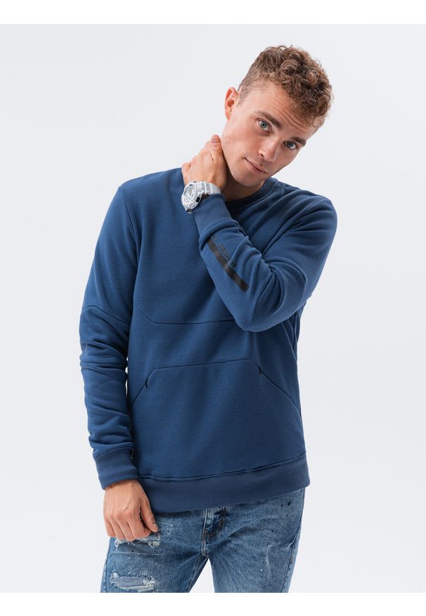 Ombre Clothing - Bluza męska z kieszenią zapinaną na zamek - jeansowa V6. Materiał: jeans. Wzór: nadruk, geometria