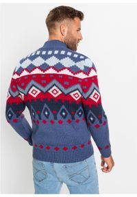 Sweter w norweski wzór bonprix indygo - w norweski wzór. Typ kołnierza: kołnierzyk stójkowy. Kolor: niebieski. Materiał: materiał, wełna, akryl #6