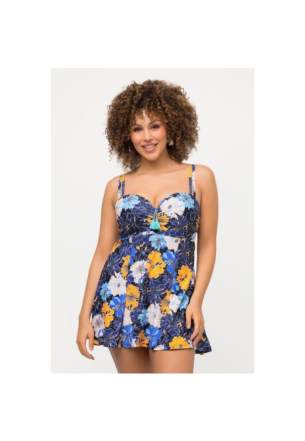 ULLA POPKEN - Damska Sukienka Kąpielowa kwiaty miękkie miseczki dekolt gorsetowy. Kolekcja: plus size. Kolor: fioletowy. Materiał: elastan, poliamid, materiał. Wzór: kwiaty
