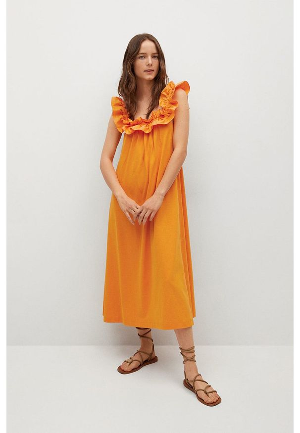 mango - Mango Sukienka bawełniana Margot kolor pomarańczowy midi oversize. Kolor: pomarańczowy. Materiał: bawełna. Wzór: gładki. Typ sukienki: oversize. Długość: midi
