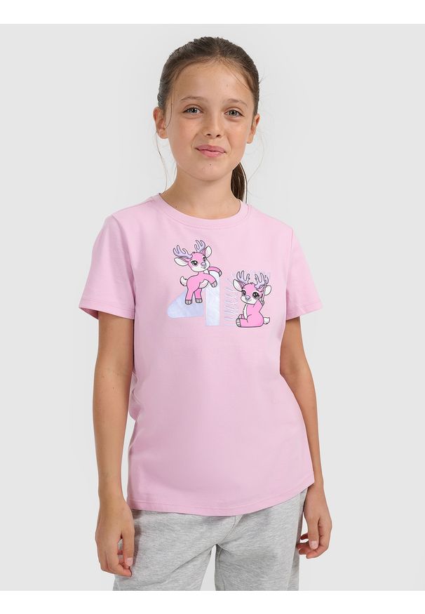 4f - 4F T-shirt regular z nadrukiem świątecznym dziewczęcy - różowy 164 (13-14 lat). Kolor: różowy. Materiał: jeans, materiał, skóra, bawełna. Wzór: nadruk. Sezon: lato. Styl: wizytowy