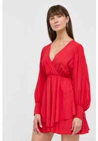 Patrizia Pepe sukienka kolor czerwony mini rozkloszowana. Kolor: czerwony. Materiał: tkanina. Długość rękawa: długi rękaw. Typ sukienki: rozkloszowane. Długość: mini #5