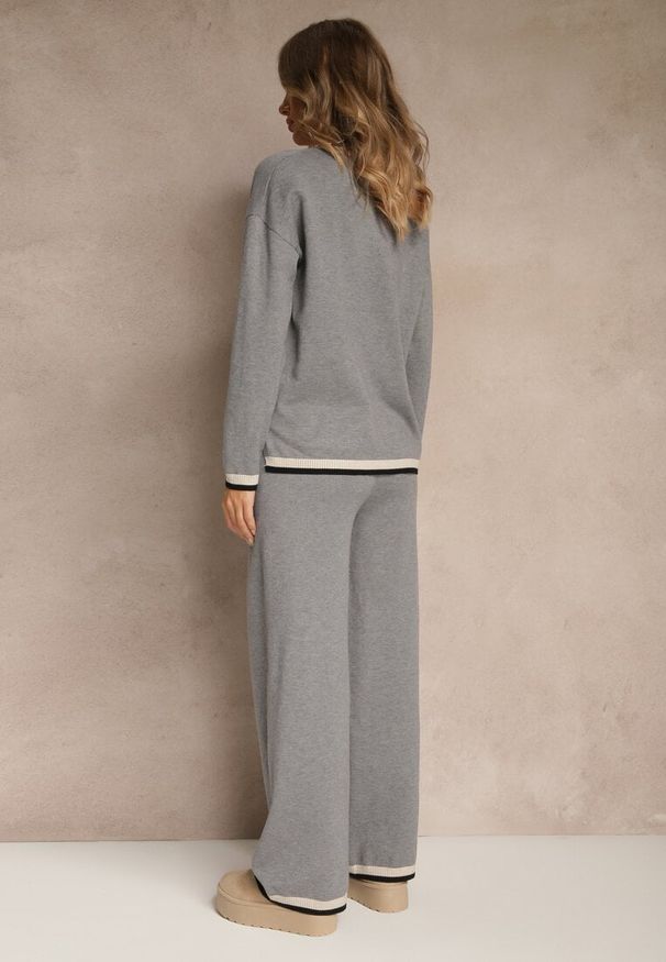 Renee - Szary Komplet Dzianinowy Sweter i Spodnie Wide Leg z Ozdobną Lamówką Ralenia. Kolor: szary. Materiał: dzianina. Wzór: aplikacja