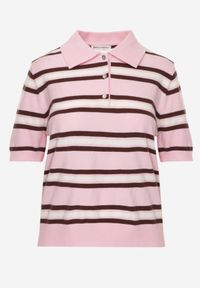 Born2be - Różowy T-shirt Typu Polo z Wiskozą Ozdobiony Guzikami i Paskami Esefia. Okazja: na co dzień. Typ kołnierza: polo. Kolor: różowy. Materiał: wiskoza. Wzór: aplikacja. Styl: casual #2