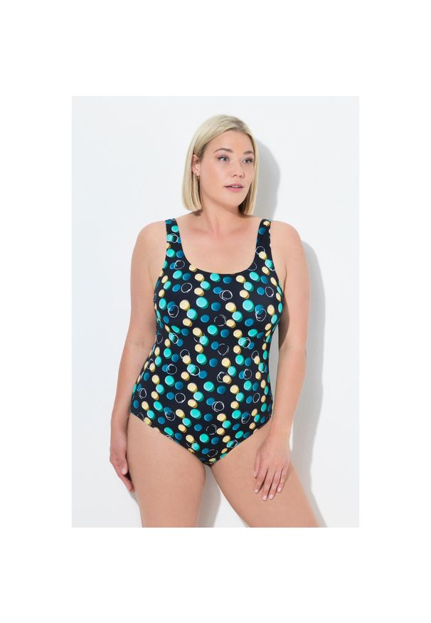 ULLA POPKEN - Damskie Strój kąpielowy kropki bez miękkich miseczek okrągły dekolt. Kolekcja: plus size. Kolor: czarny. Materiał: poliamid, poliester, materiał, elastan. Wzór: kropki