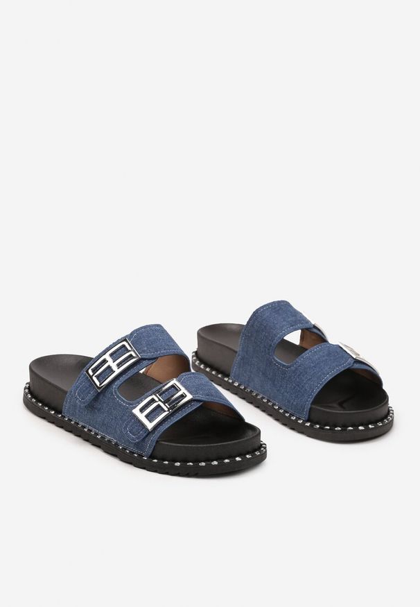 Renee - Niebieskie Klapki z Dwiema Klamerkami Ozdobione Nitami Calioppe. Kolor: niebieski. Wzór: aplikacja. Sezon: lato