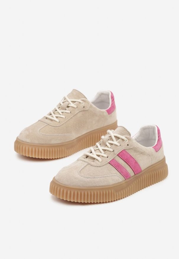 Renee - Beżowo-Fuksjowe Sneakersy Tenisówki z Wkładką ze Skóry Naturalnej Ozdobione Tłoczeniem Meluella. Okazja: na co dzień, na spacer. Kolor: beżowy. Materiał: skóra. Wzór: aplikacja. Sezon: wiosna. Sport: turystyka piesza