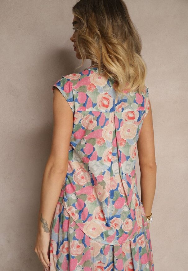 Renee - Różowo-Niebieska Koszula z Bawełny w Kwiaty Natilea. Okazja: na co dzień. Kolor: różowy. Materiał: bawełna. Wzór: kwiaty. Styl: elegancki, casual