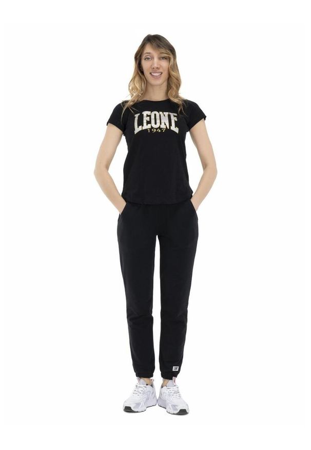 LEONE 1947 APPAREL - Damska koszulka z logo w kolorze złoto-srebrnym. Kolor: czarny. Materiał: tkanina. Sport: fitness