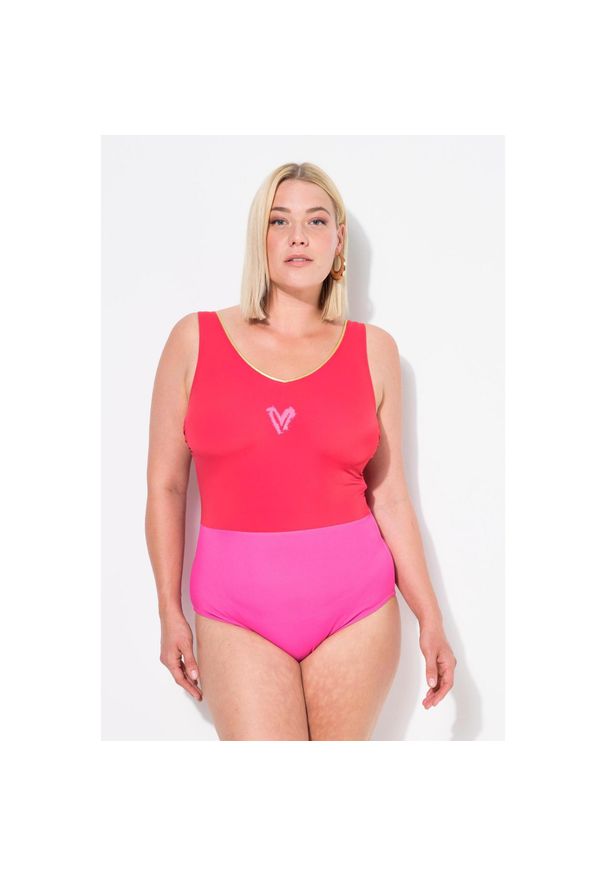 ULLA POPKEN - Damski Strój kąpielowy błyszczący brzeg dekolt w serek bez miękkich miseczek. Kolekcja: plus size. Kolor: różowy. Materiał: poliamid, poliester, materiał, elastan