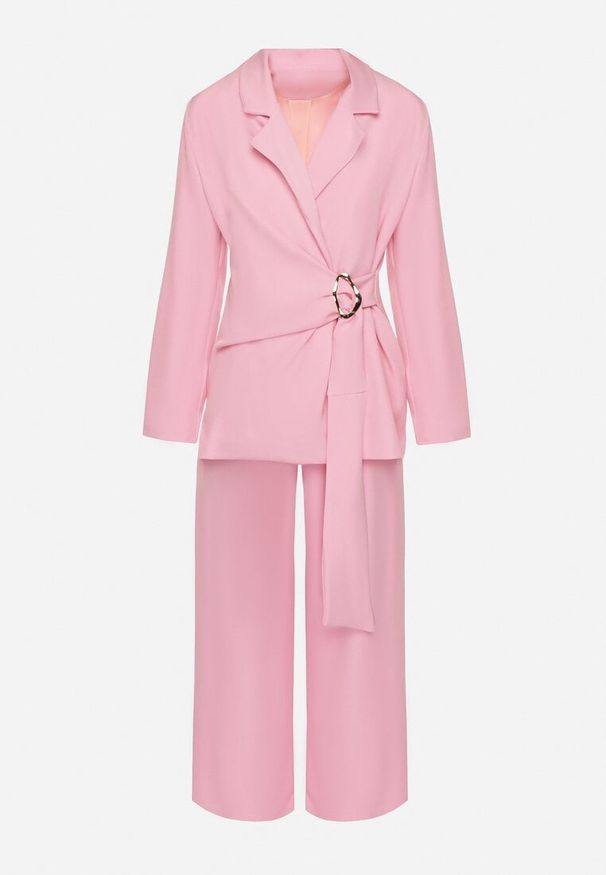 Born2be - Różowy Garnitur Marynarka Kopertowa i Szerokie Spodnie Loose Milbia. Kolor: różowy