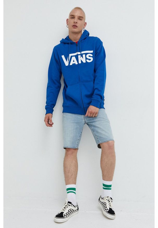 Vans bluza bawełniana męska z kapturem z nadrukiem. Okazja: na co dzień. Typ kołnierza: kaptur. Kolor: niebieski. Materiał: bawełna. Wzór: nadruk. Styl: casual