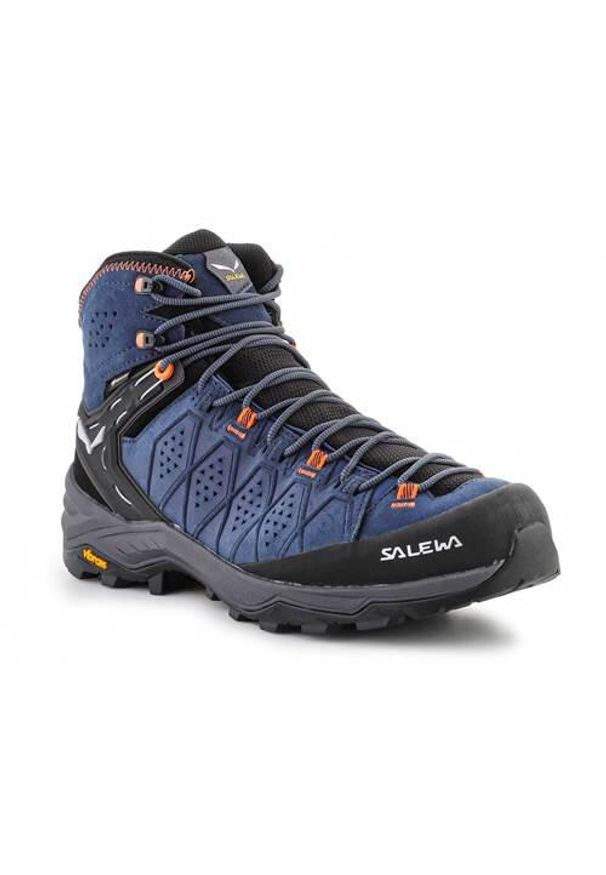 Buty trekkingowe męskie Salewa MS Alp Trainer 2 Mid Gtx. Wysokość cholewki: za kostkę. Zapięcie: sznurówki. Kolor: wielokolorowy, niebieski, czarny. Materiał: zamsz, skóra, materiał, syntetyk. Szerokość cholewki: normalna. Sport: turystyka piesza