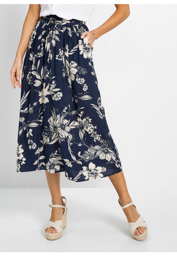 bonprix - Spódnica maxi z wiskozy z wygodnym ściągaczem w talii z wiązanym paskiem. Kolor: niebieski. Materiał: wiskoza. Wzór: nadruk