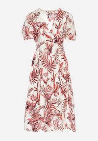 Born2be - Czerwona Rozkloszowana Sukienka z Dekoltem w Serek Zdobiona Roślinnym Wzorem Evilirae. Okazja: do pracy, na co dzień, na spotkanie biznesowe. Typ kołnierza: dekolt w serek. Kolor: czerwony. Wzór: aplikacja. Styl: casual, biznesowy #7