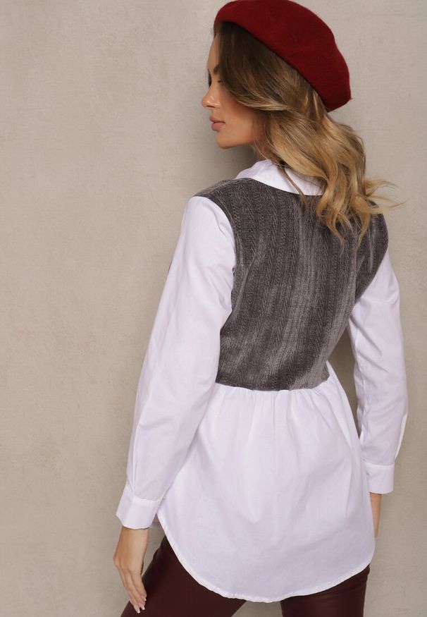 Renee - Biało-Szara Bluzka z Bawełną o Koszulowym Kroju Połączona z Dzianinową Kamizelką Etavielis. Okazja: do pracy, na co dzień, na spotkanie biznesowe. Typ kołnierza: dekolt w serek, kołnierzyk klasyczny. Kolor: biały. Materiał: dzianina, bawełna. Długość rękawa: długi rękaw. Długość: długie. Styl: klasyczny, casual, elegancki, biznesowy