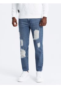 Ombre Clothing - Męskie jeansowe spodnie TAPERED FIT z dziurami – ciemnoniebieskie V3. Kolor: niebieski. Materiał: jeans. Wzór: aplikacja. Styl: retro, elegancki, vintage #5