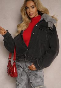 Renee - Ciemnoszara Kurtka Jeansowa z Kołnierzem z Futrem i Sprzączkami Senalithra. Okazja: na co dzień. Kolor: szary. Materiał: jeans, futro. Długość rękawa: długi rękaw. Długość: długie. Styl: casual, elegancki #4