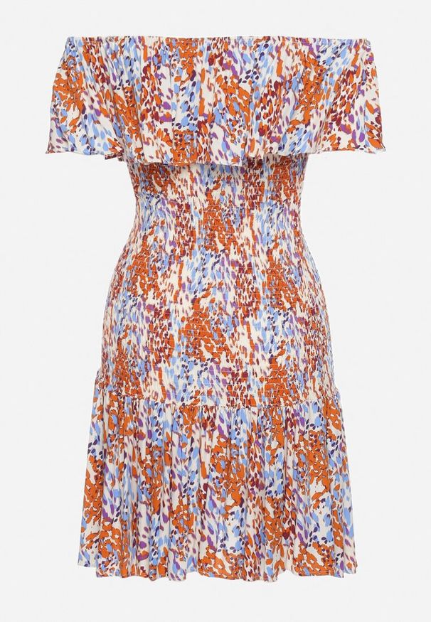 Born2be - Brązowo-Niebieska Sukienka Hiszpanka Mini z Elastycznej Wiskozy Zamra. Typ kołnierza: dekolt hiszpanka. Kolor: brązowy. Materiał: wiskoza. Sezon: lato. Długość: mini