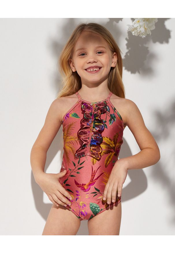 ZIMMERMANN KIDS - Jednoczęściowy strój kąpielowy z żabotem 4-10 lat. Kolor: różowy, wielokolorowy, fioletowy. Materiał: lycra. Wzór: aplikacja, kwiaty, nadruk