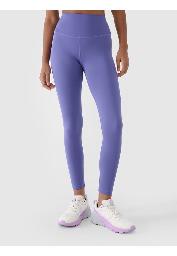 4f - 4F Legginsy treningowe z wysokim stanem damskie - granatowe XL. Stan: podwyższony. Kolor: niebieski. Materiał: dzianina, włókno, poliester, materiał, elastan. Wzór: gładki, ze splotem, jednolity. Sport: fitness