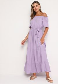 Born2be - Fioletowa Sukienka z Wiskozy Telephanassa. Typ kołnierza: dekolt hiszpanka. Kolor: fioletowy. Materiał: wiskoza. Długość rękawa: krótki rękaw. Wzór: gładki. Typ sukienki: rozkloszowane. Długość: maxi #6