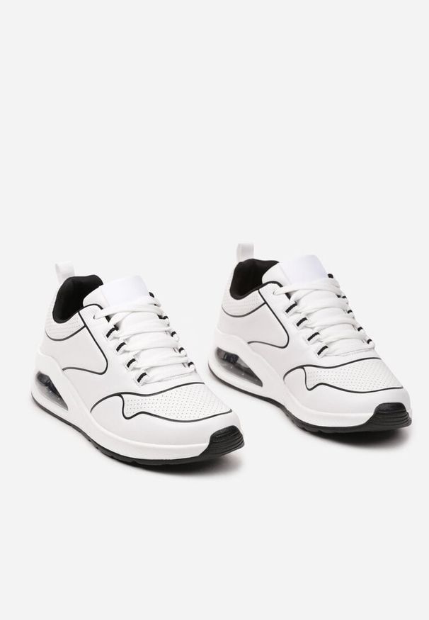 Born2be - Biało-Czarne Sneakersy przed Kostkę z Ekoskóry na Płaskiej Podeszwie Typu Air Faloen. Wysokość cholewki: przed kostkę. Nosek buta: okrągły. Zapięcie: sznurówki. Kolor: biały. Materiał: materiał. Obcas: na płaskiej podeszwie. Wysokość obcasa: niski