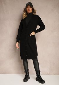 Renee - Czarny Casualowy Kardigan na Guziki z Wełną i Bawełną o Długim Kroju Vamini. Okazja: na co dzień. Kolor: czarny. Materiał: bawełna, wełna. Długość: długie. Styl: casual