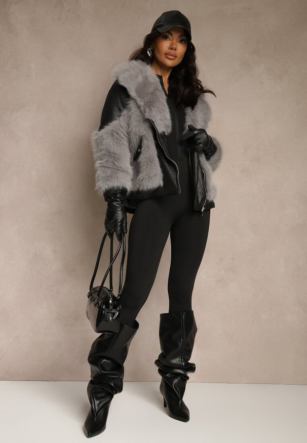 Renee - Szara Kurtka o Kroju Ramoneski z Futrem Sevre. Kolor: szary. Materiał: futro. Styl: rockowy