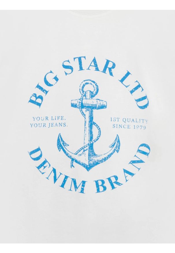 Big-Star - Koszulka męska z kontrastowym nadrukiem biała Kartes 100. Kolor: biały. Materiał: dzianina, bawełna. Wzór: nadruk. Styl: klasyczny