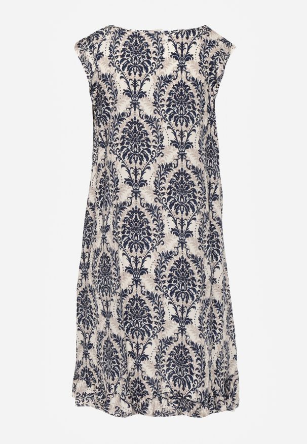 Renee - Granatowo-Beżowa Boho Sukienka z Bawełny na Ramiączkach Ozdobiona Falbanką Testalaya. Okazja: na spacer, na co dzień. Typ kołnierza: dekolt w serek. Kolor: niebieski. Materiał: bawełna. Długość rękawa: na ramiączkach. Wzór: aplikacja. Sezon: lato. Styl: boho