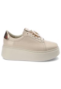 CheBello - Beżowe Modne Sneakersy Chebello Z Ozdobami. Okazja: na co dzień. Kolor: beżowy. Materiał: jeans, materiał. Wzór: aplikacja. Obcas: na platformie #9