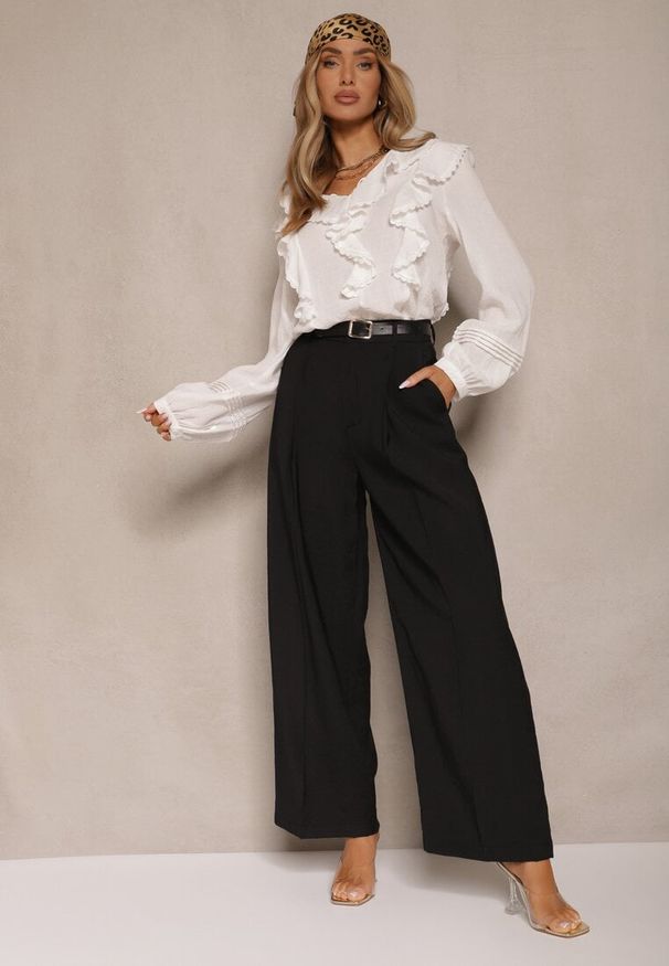 Renee - Czarne Garniturowe Spodnie High Waist o Szerokim Kroju Efrase. Okazja: na co dzień. Stan: podwyższony. Kolor: czarny. Styl: casual