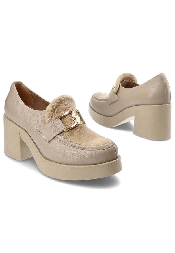 Beżowe Półbuty Lemar Wygodne Skórzane Buty. Kolor: beżowy. Materiał: skóra. Obcas: na obcasie. Wysokość obcasa: średni