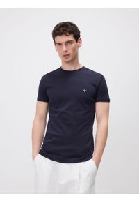 Reserved - Bawełniany t-shirt slim fit - granatowy. Kolor: niebieski. Materiał: bawełna