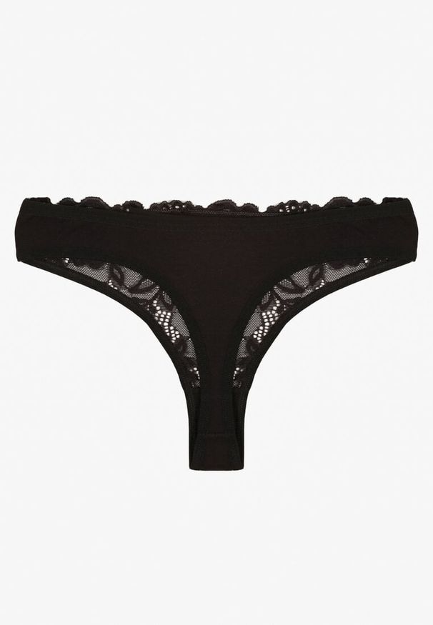 Born2be - Czarne Koronkowe Majtki Stringi z Bawełny Venalora. Kolor: czarny. Materiał: bawełna, koronka