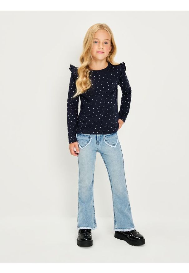 Sinsay - Koszulka z długimi rękawami i ozdobnymi falbanami - granatowy. Kolor: niebieski. Długość rękawa: długi rękaw. Długość: długie